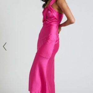 Showpow Hot Pink Midi Dress - One shoulder Twist Detail in Fuchsia